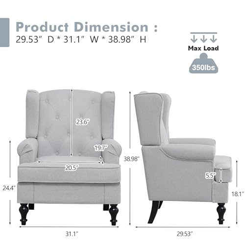 Accent Chair Set of 2, Mid Century Modern Fabric Wingback Chair, Upholstered Armchair with High Back and Vintage Legs, Comfy Single Sofa Side Reading Chair for Living Room Bedroom, Light Grey - color: Light Grey, size: Set of 2