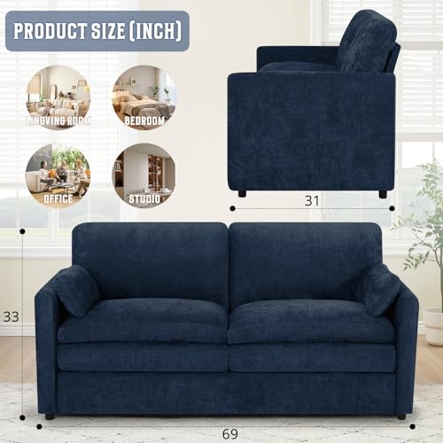 69" Chenille Modern Couch with Cozy & Soft Backrests, Blue | 2 Seats Sofa with 2 Extra Pillows, Comfy Upholstered Sofa with Thicker Cushions for Living Room, Office - color: Blue, size: Loveseat