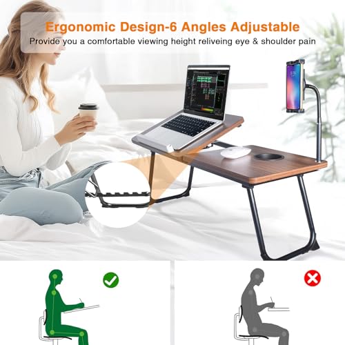 wishacc 28.7" Extra Wide Laptop Lap Desk for Bed and Sofa, Adjustable Bed Desk with Flexible Phone & Tablet Mount, Portable Black Lap Tray Table for Floor Couch Work, 2 Book Clips Included - size: Large