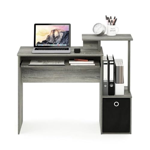 MAKLAINE Wood Computer Writing Desk, French Oak Gray and Black Finish, 39.4" W x 15.8" D x 34.1" H, Compact Design with Keyboard Tray, Storage Bin, Home Office Workspace