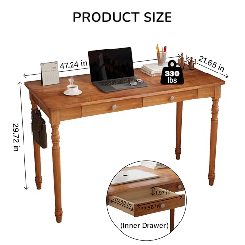 Vintage Solid Wood Writing Desk - 48" W Large Secretary Desk with 2 Drawers, Mid Century Modern Computer Desks with 2 Hooks, Writing Vanity Dressing Table for Home Office, Bedroom, Walnut - color: Walnut-a, size: 47.2x21.7x29.5 Inch