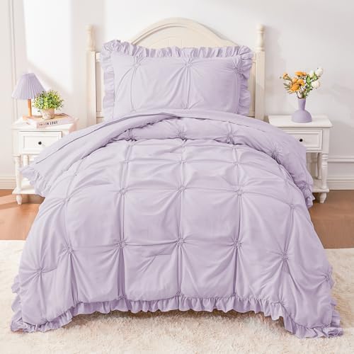 Twin Comforter Set for Girls, Boho Pintuck Bedding Comforter Sets, 4 Pieces Ruffles Jacquard Embroidery Twin Bedding Sets with Comforter, Fitted Sheet, Flat Sheet and Pillowcase, Purple - color: Purple, size: Twin