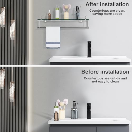 20-Inch Tempered Glass Bathroom Shelf with Towel Bar - Brushed Nickel & Stainless Steel, Wall Mount Rustproof Tower Holder with Shelves - color: Brushed Nickel, size: 20-inch with Railing