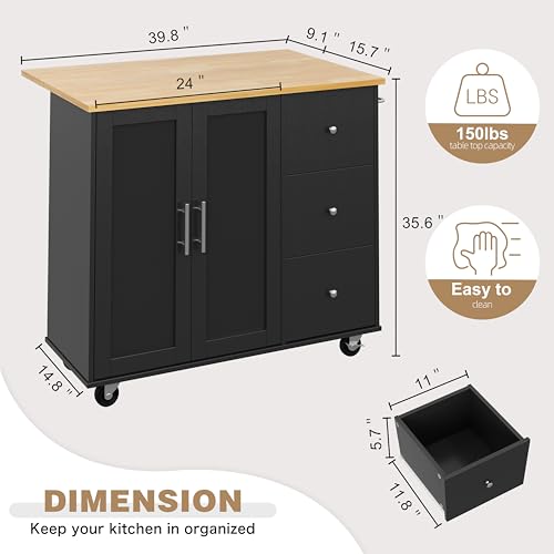 Shintenchi Kitchen Island with Folding Drop Leaf, Rolling Island Table with Storage, Kitchen Cabinet on Wheels with Seating Area for Kitchen, Bar Cart with Cabinet, Black - color: Black