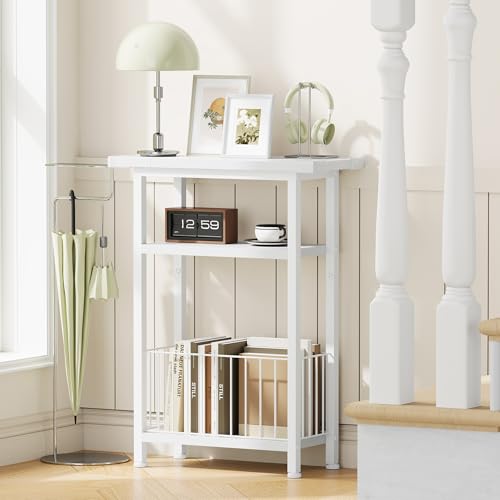 Heybly Narrow Side Table for Small Space, 25.2" Tall Nightstand HET004WT1 | Thin Bedside Table with Storage Basket, Skinny End Table, Couch Table for Living Room, Bedroom, Study, White - color: White, style: DIY Basket