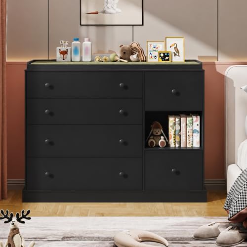 Kids Dresser Cabinet with 6 Drawers, Changing Table for Nursery with Shelf, Multi-Functional Chest of Drawers, Kids Bedroom Furniture, Nightstand for Children's Room, Black - color: Black