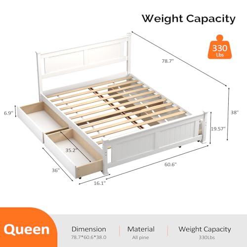 VINGLI Queen Size Solid Wood Bed with 4 Storage Drawers and Headboard,Modern Minimalist Panel Platform Bed for Kids,Adults & Guests,Sleigh Bed,Crisp White - size: Queen