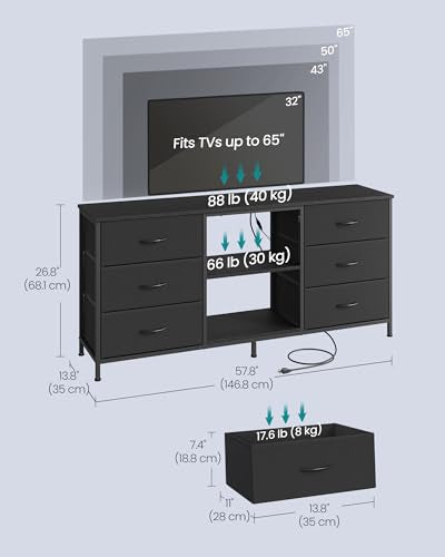 SONGMICS BELLAH Collection - TV Stand for TVs Up to 65 Inches, Dresser for Bedroom, Living Room, Chest of Drawers, Steel, 6 Drawers and 2 Shelves, Modern, Ink Black ULGS132B101S - color: Ink Black, size: 13.8"D x 57.8"W x 26.8"H (6 Drawers)