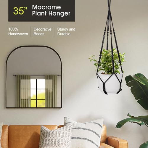 RIFNY Macrame Plant Hanger for 5 to 10 Inch Plant Pots, 35 Inch Woven Rope Hanger Kits with Hooks and Wood Beads, Hanging Planter Basket for Indoor Boho Home Decor (Black, 2 Pack) | 35 Inch Hanging Planter with Hooks, Fits 5-10" Pots, Suitable for Ceiling