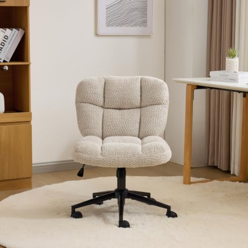 VINGLI Cute Armless Small Vanity Chair w/Plush Cushion &Fluffy Backrest, Comfy Swivel Chenille Office Desk Chair with 360° Wheels, Height Adjustable Makeup Chair for Bedroom&Dressing Room, Khaki - color: Khaki