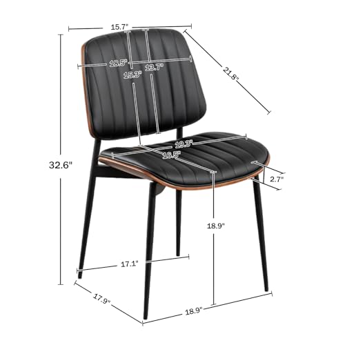 LUNLING Dining Chairs Set of 2 Mid Century Modern Retro Faux Leather Chair with Walnut Bentwood Upholstered Seat Metal Legs Chairs,Adjustable Foot for Kitchen Dining Room Chairs(Black) - color: Black, size: Set of 2