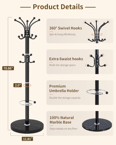 Metal Coat Rack, Modern Coat Rack Stand, 360°Rotary Coat Tree Stand | Heavy Duty Coat Rack Freestanding with Natural Marble Base, Black Clothes Tree Hanger Stand with 14 Hooks & Umbrella Holder - color: Black-16Hooks