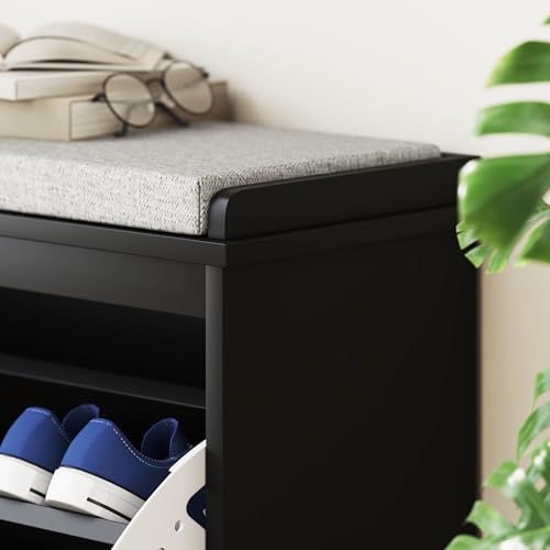 HOMCOM Narrow Shoe Bench with Padded Cushion 31.5x10.2x18.7 Inches Black | Shoe Storage Cabinet, Flip-Drawer, Adjustable Shelf, Small Entryway Bench, Holds up to 265lb - color: Black, size: 31.5" x 10.2" x 18.7"