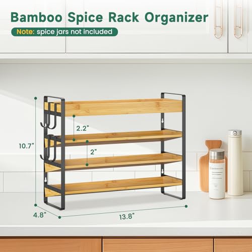 EsLuker.ly Spice Seasoning Rack Organizer Kitchen Countertop, 4 Tier Bamboo | Spice Shelf Holder Storage with 4 Hooks, Wall Mounted Freestanding Stand for Pantry, Quick Spice Access(Jars Not Included) - color: Bamboo+Black