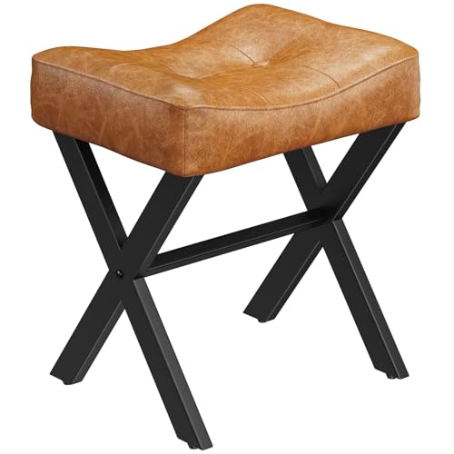 18-Inch Leather Vanity Stool Chair, Brown Saddle Vanity Stool | Vanity Bench, Metal X-Leg, Ottoman Accent Stool, Thick Padded Saddle Seat, 300 LBS, 16.3"x12.4"x18", For Bedroom, Closet - size: Small, style: Brown Leather