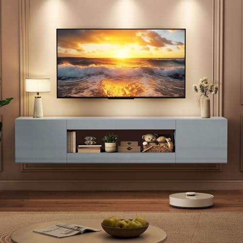 BREEZEHEAT 70'' Floating TV Stand, Wall Mounted TV Cabinet, High Glossy Entertainment Center-Modern Media Console Fits 65-80 Inches TV for Living Room/Bedroom, Remote Control,Grey - color: Grey