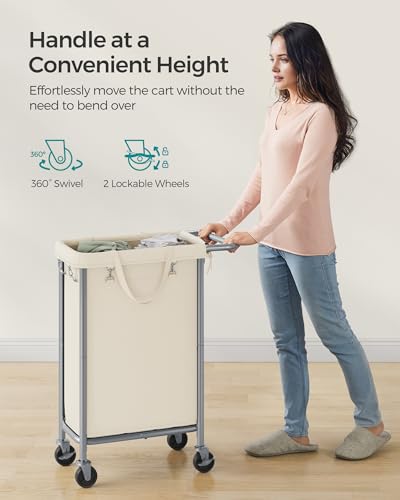 SONGMICS Laundry Basket with Wheels, Rolling Laundry Hamper, 23.8 Gallons (90 L), Removable Liner, Steel Frame with Handle, 24 x 11.4 x 31.9 Inches, Cream White URLS003W01 - color: Cream White, size: 90 L (1-Section)