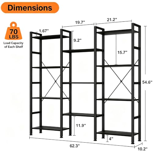 HealSmart Triple Column 4 Tier Bookshelf, Industrial Bookcase with 11 Open Display Adjustable Shelves, Wide Convertible Display Modern Bookshelf for Living Room & Home Office, Black - color: Black, size: 4-Tier&3-Row