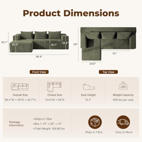Modular Boneless L-Shaped Couches for Living Room with Side Pockets | Modern Sectional Boneless Corduroy Fluffy Couch Sofa with Deep Seat and Non-Slip Base, No Assembly, Green - color: Green, size: L-Shaped