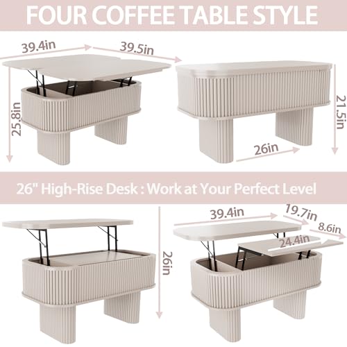 Lifting Coffee Table for Living Room,26-Inch Lift that Converts to Dining Table,3 in 1 Pull Out Coffee Table with Storage,Oval Wood Center Table, Space-Saving for Eating & Laptops - color: Khaki