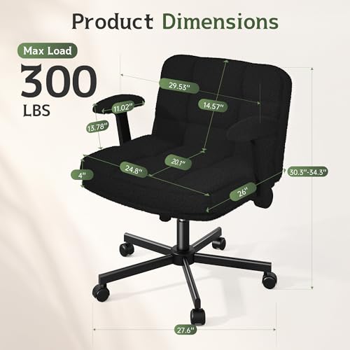 DurayLoly Criss Cross Office Chair with Flip-up Arm & Wheels | 360° Swivel,Plush Teddy Fabric Cross Legged Chair ,Adjustable Height for Home Office,Study, Gaming, Vanity,White - color: Black