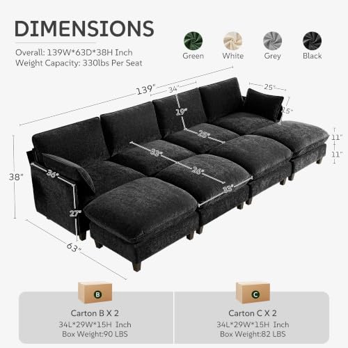 Ihanherry 139" Sleeper Sofa, Modular Sectional Sofa,Oversized Cloud Sofa with Large Cushions & 4 Movable Ottoman, Chenille Deep Seat Sectional for Living Room, Black - color: Black, size: 139“ 8 Seat Sleeper Sofa