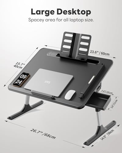 Laptop Table with LED Desk Light, SAIJI Laptop Stand for Bed | Height Adjustments Bed Desk with Book Stand for Reading Writing Drawing (Black) - color: Bed Desk /Led Light
