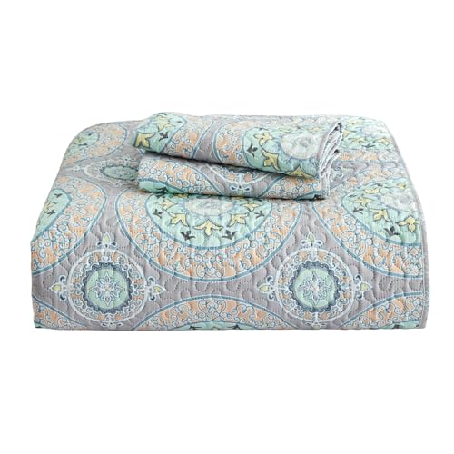 CHIXIN Boho Quilt Queen Size - Bohemian Chic Medallion Design - Lightweight Bedspread Coverlet Set, Ultrasonic Quilting Mandala Bedding Cover for All Season, 3 Piece, Aqua Blue - color: Skyblue/Wheat/White, size: Full/Queen(90"x92")