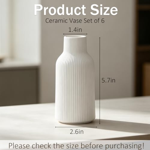6 Pack White Ceramic Flower Vases, Small Modern Matte Cylinder Vases with 3D Vertical Ribbed Texture for Centerpieces, Farmhouse Decor, Wedding Table Decor, Boho Home Accent