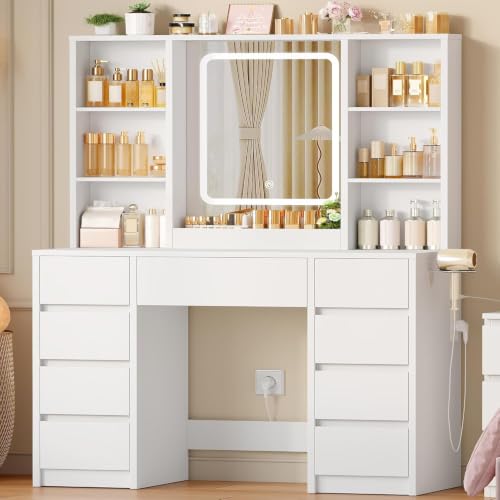 Large White Makeup Vanity Desk with Charging Station & 9 Drawers | Smart LED Mirror,7 Open Storage Shelves,Hairdryer Rack,Girls Vanity for Bedroom