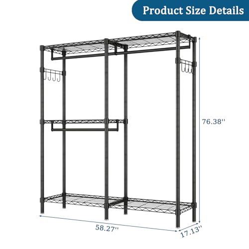 L Shaped Heavy Duty Garment Rack with Shelves, Black | Heavy Duty Clothes Rack with 3 Hanging Rods & 5 Shelves, Freestanding Adjustable Garment Rack for Bedroom - size: 58.27''W×17.13D''×76.38''H