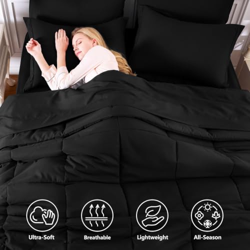 Twin Comforter Set, 5-Piece Bed in a Bag, Black | Back-to-School Ready, OEKO-TEX Certified, Box-Stitched Design, 240 GSM Fill, All-Season Comfort, Sheets, Pillowcase & Sham - color: Black, size: Twin(68"x88")