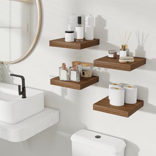 Fun Memories Floating Shelves for Wall, 9.3 Inch Set of 4 Rustic Wood Wall Shelves with Invisible Brackets, Heavy Duty Storage Display for Bathroom Bedroom Living Room Kitchen, Walnut - color: Walnut Brown, size: 9.3"W x 9.3"D, Set of 4