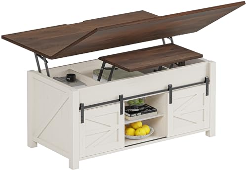 Lift Top Coffee Table for Living Room with 4 Sliding Barn Doors, 4 in 1 Farmhouse Coffee Table with Adjustable Shelves and Hidden Storage Compartment, Converts to Dining Table (Brown White)