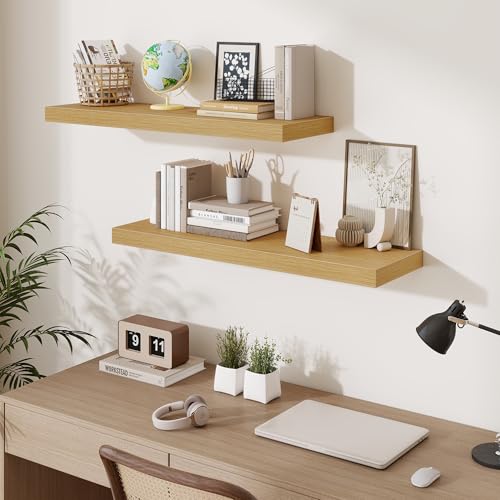 Fun Memories Floating Shelves for Wall 36 Inches, Wood Shelves with Invisible Bracket, 10" Deep Shelves Wall Mounted, Large Wood Floating Shelves for Living Room Bathroom, Oak, Set of 3 - color: Natural Oak, size: 36W x 10D x 1.5H
