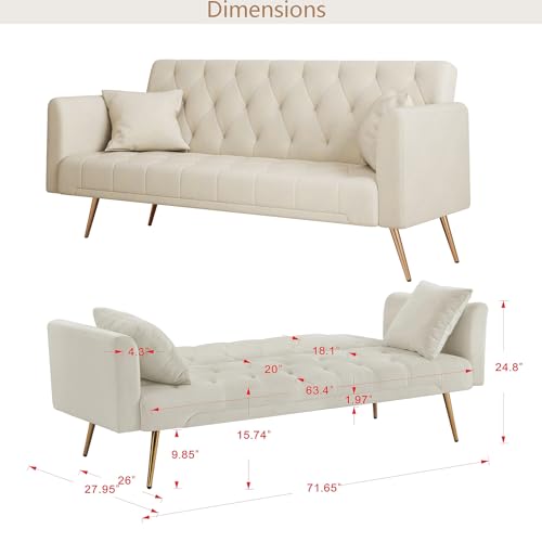 Anwick 72''Modern Velvet Sofa Bed Futon,Convertible Folding Sleeper Couches with 3 Adjustable Backrests,Tufted Recliner Loveseat with Golden Chrome Legs for Living Room Apartment Office (Beige) - color: Beige