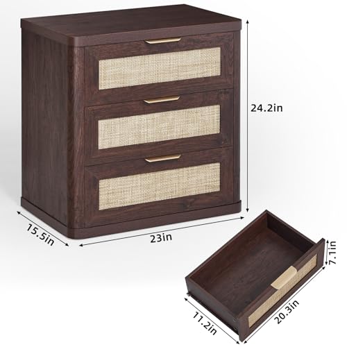 LEYAOYAO Rattan 23" Nightstands with Drawers for Bedroom | Gold Metal Handle, Storage Shelf, Walnut Night Stand, Boho Bedside Table, Bed Side End Tables Living Room, Hallway - color: Retro Walnut, size: 3 Drawers