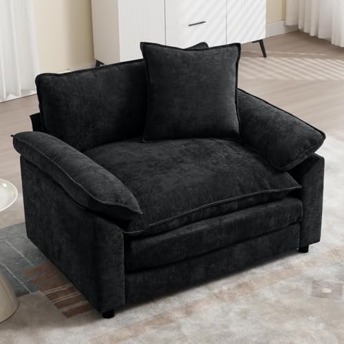 Modern Oversized Chair with Ottoman, Comfy Chenille Accent Chair Large Upholstered Armchair with Extra Thick and Deep Seat Lounge Chair for Living Room,Bedroom,Apartment,Black - color: Black, size: 1(chair+ottoman)