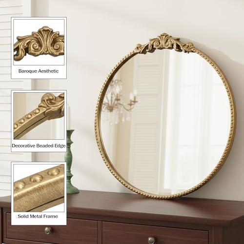 Vintage Baroque Round Wall Mirror 24"x24", Gold Ornate Carved Frame Decor Mirror for Entryway Living Room Bedroom Hallway (Gold Metal,24"x24") - color: Gold Metal, size: 24"L x 24"W
