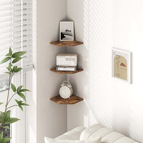 Fun Memories Corner Shelf Wall Mount, Floating Corner Shelves, Set of 6 Corner Wall Shelf Organizer, Rustic Wood Wall Storage Display Shelves for Living Room Bedroom Bathroom Kitchen, Rustic Brown - color: Brown, size: 7" x 7", Set of 6