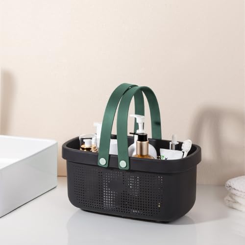 Portable Shower Caddy Basket with Handle Plastic Storage Basket Black Green | Sturdy Drainage Large Capacity Organizer Basket with Silicone Handles for Bathroom Kitchen Bedroom College Dorm Essentials - color: Black Green, size: Large