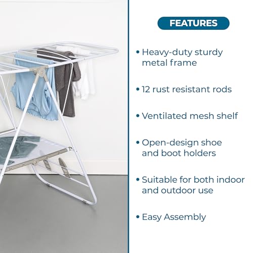 Honey-Can-Do Heavy-Duty Gullwing Clothes Drying Rack, 50 lb, White | Gullwing rack adds 46 ft of drying space with dedicated shoe bars. Sturdy metal, 50 lb capacity, folds flat. - color: White, size: 57" W