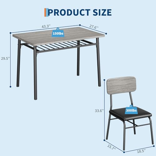 GarveeHome Dining Table Set for 4 with Storage Rack, Gray | 5-Piece Kitchen Table and Upholstered Chairs, Wood Tabletop, Heavy-Duty Metel Frame, for Small Space, Apartment, Kitchen Room - color: Gray -1, size: Table with 4 Chairs