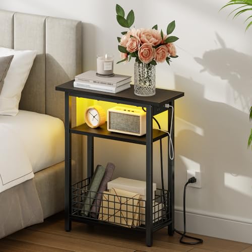HOOBRO Narrow Side Table with Charging Station and LED Light, Small End Table with Storage, Skinny Nightstand with USB Port, Slim Bedside Table for Small Spaces, Living Room, Rustic Brown BF242UDBZ01 - color: Rustic Brown + Black
