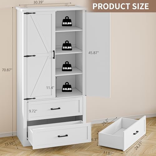 BORNOON Pantry Organizers and Storage Cabinet, 71” Barn Door White Kitchen Cabinet with Drawers and Adjustable Shelf, Tall Pantry for Kitchen, Dining Room, Living Room. Bathroom and Office - color: White, size: Double Drawers