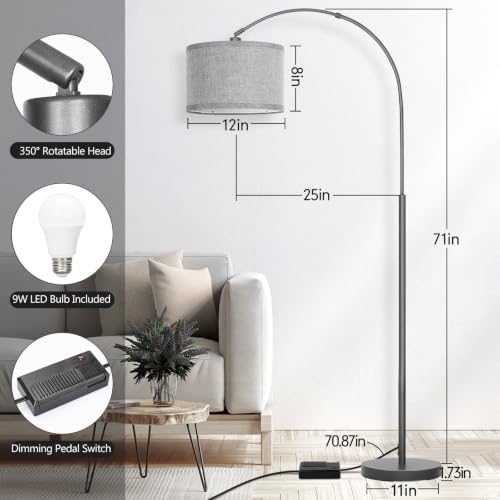 Arc Floor Lamp with Dimmer,Dimmable Floor Lamp with Gray Adjustable Shade | Arched Modern Standing Lamp, Tall Pole Lamp Reading Light for Living Room, Bedroom, Over Couch, Office, 9W LED Bulb Included - color: Metal Gray Base with Gray Shade