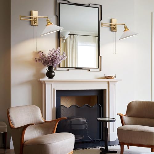 Swing Arm Wall Sconce 2-Pack, Brushed Gold Frosted Glass, 17.7" | Pull chain, frosted glass shade, bedside vanity bathroom, mid century wall light - color: A-2Pack