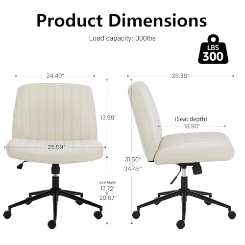 DUMOS Criss Cross Chair with Wheels, Wide Cross Legged Office Desk Vanity Chairs, Armless Height Adjustable Swivel Chairs for Home Computer Task, Fabric, Beige Wheel - color: Beige Wheel