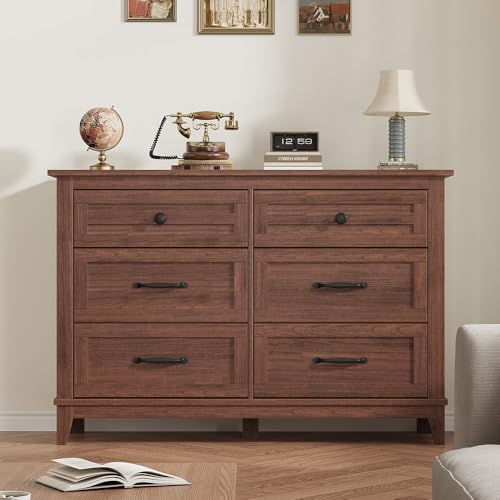 GarveeHome 6 Dresser for Bedroom, 47 in Wide Drawer Dresser with Storage Freestanding, Wooden Closet Storage Chest for Living Room, Bedroom, Entryway, Walunt - color: Walunt, size: 15.8"D x 47.2"W x 32.1"H (6 Drawers)