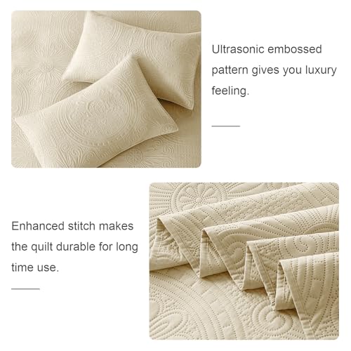WURUIBO Full/Queen Quilt Set Beige,Ultrasonic Embossed Bedspread, Lightweight Microfiber Coverlet, Modern Thin Bedding Set for All Season, 3 Piece(1 Quilt,2 Pillow Shams) - color: Beige, size: Full/Queen(90"x96")